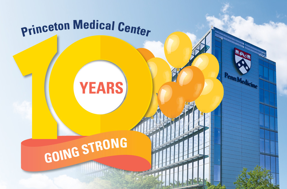 Princeton Health building with balloons and 10-year graphic overlapping it